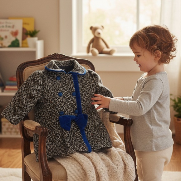 Doren Girl Vintage Coat Toddler Tweed Coat with Blue Velvet Accents Size 3 HP! - Picture 3 of 15